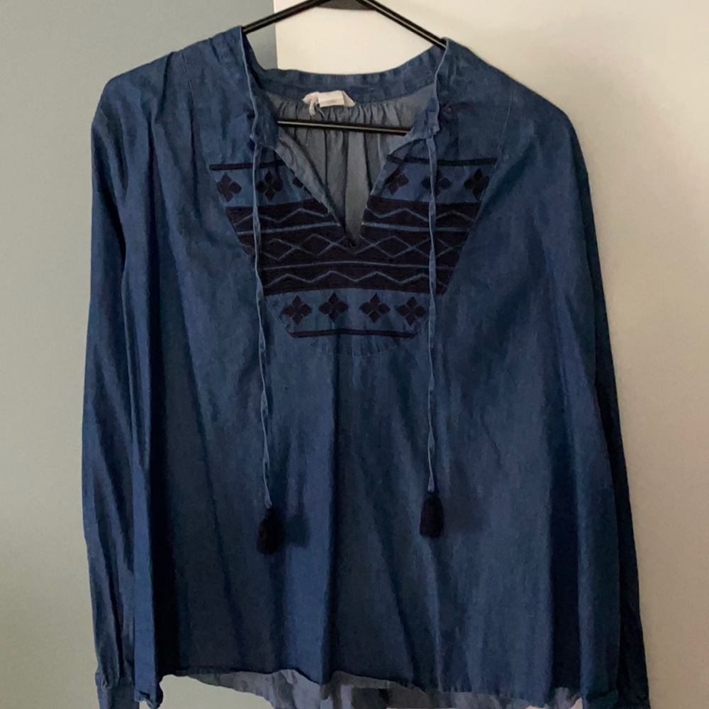 Denim top with Aztec print, gently used